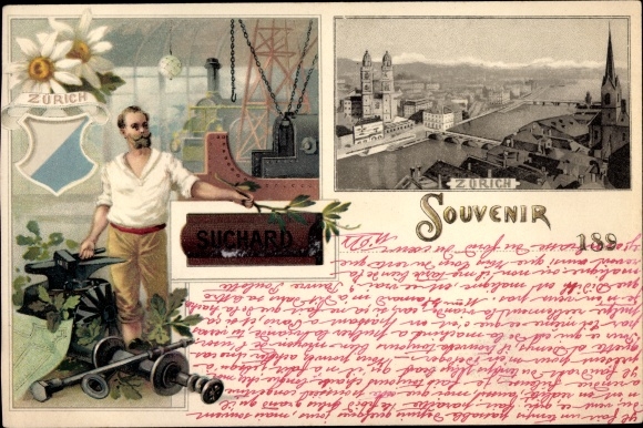 Chromo-Litho Zurich City Switzerland, Blacksmith, Chocolat Suchard Advertisement