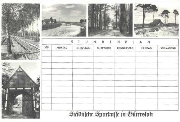 Dienstregeling Gemeentelijke Sparkasse Gütersloh, wandelpaden in en rond Gütersloh rond 1960