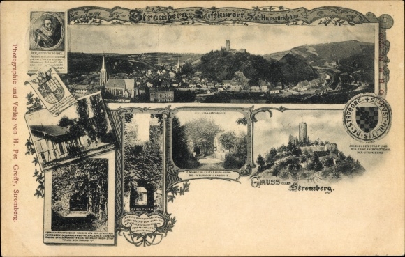 Coat of arms PC Stromberg im Hunsrück, German Michel, Stromburg, castle moat bridge, fork tower
