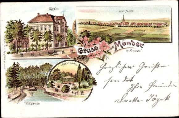 Chromo-Litho Bad Münder am Deister, spa hotel, bathing park, pond area, total view