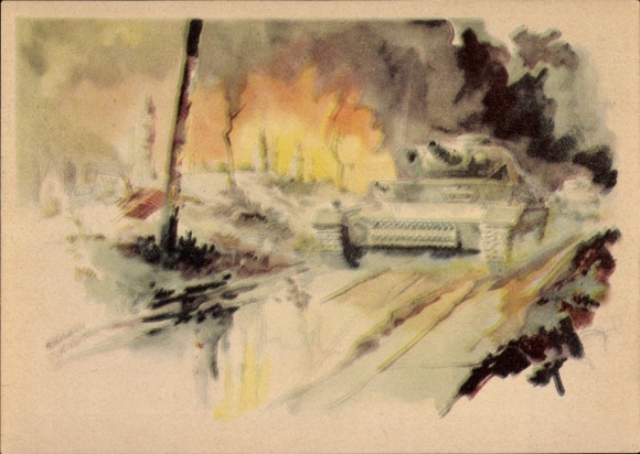 Artist Postcard Schneider, H., The attack continues, Wehrmacht, Panzer IV, Russian campaign, II WW