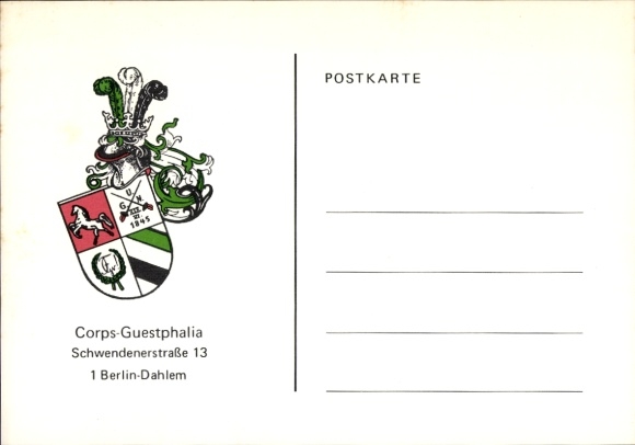 Studentika Postcard Berlin, Corps Guestphalia, Schwendener Str. 13 Dahlem, KSCV, coat of arms