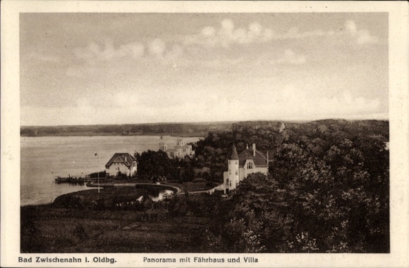 Postcard Bad Zwischenahn in Oldenburg, panorama with ferry house and villa, Bad Zwischenahn I. Oldbg.