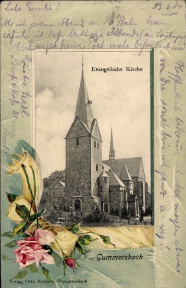 Embossed Passepartout Postcard Gummersbach in the Oberbergischer Kreis, Protestant Church, Flowers