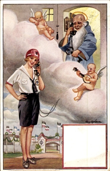 Künstler Ak Grimm, Gg., Die Turnerlore, Telefonat mit Petrus, Sonnenschein für das Turnfest