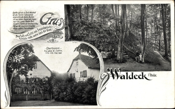 Ansichtkaart Waldeck in Thüringen, boswachterskantoor, bosgebied, buitentrap