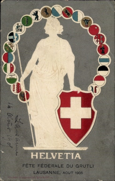 Embossed Coat of Arms Postcard Helvetia, Switzerland, National Allegory, Cantonal Coat of Arms
