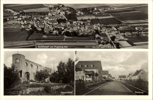 Postcard Giebelstadt in Lower Franconia, aerial photograph of settlement, Geyerschloß