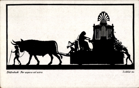 Paper cutting artist Postcard Diefenbach, Per aspera ad astra, procession, organ, bull, partial image 30