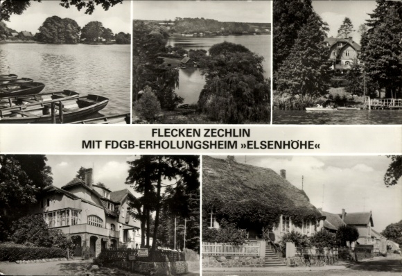Postcard Dorf Zechlin Rheinsberg, rowing party, thatched-roof houses, FDGB recreation home Elsenhöhe