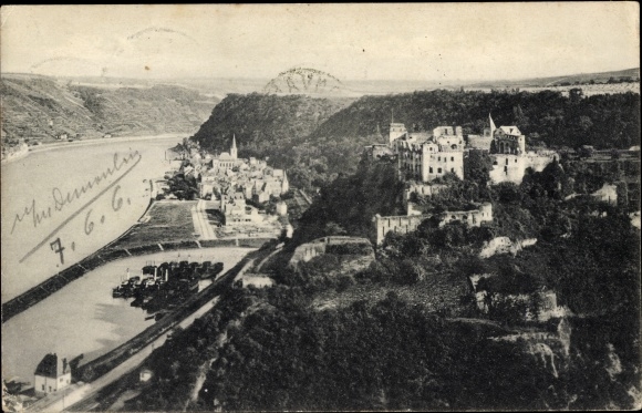 Ak St. Goar im Rhein Hunsrück Kreis, Blick auf den Ort mit Rheinfels