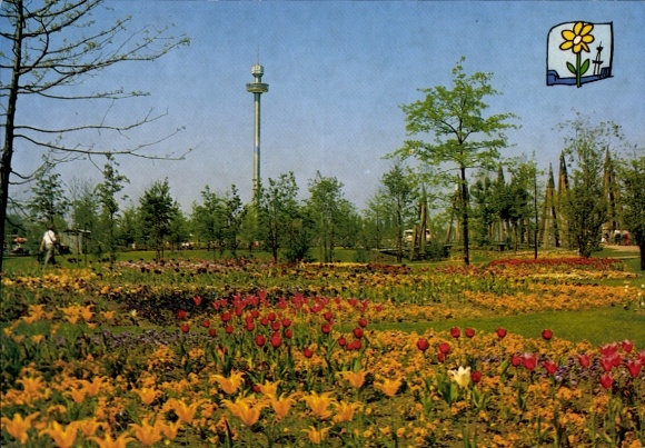 Postcard Berlin Britz, Federal Garden Show 1985, observation tower and rhizomatic bridge
