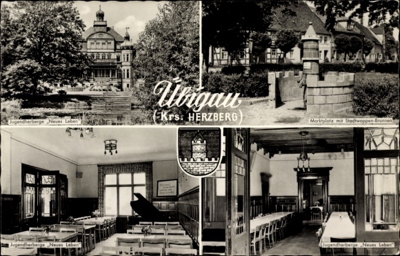 Postcard Uebigau Wahrenbrück Brandenburg, youth hostel New Life, city coat of arms fountain, market square