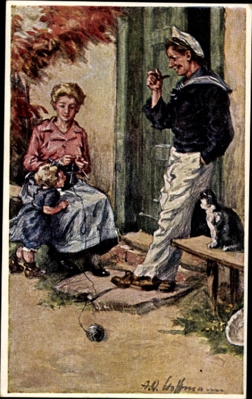 Artist Postcard Hoffmann, AO, Pipe-smoking sailor, knitting mother with child, cat
