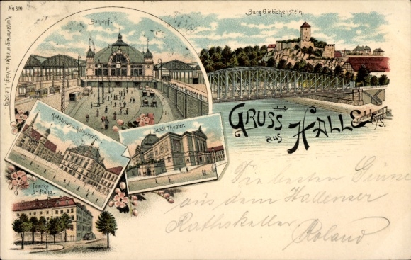 Chromo-Litho Halle an der Saale, train station, Burg Giebichenstein, theater, town hall, Franke Foundation