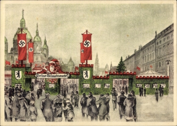 Artist Postcard Berlin Mitte, Berlin Christmas Market 1936 at the Cathedral, Flag Decoration