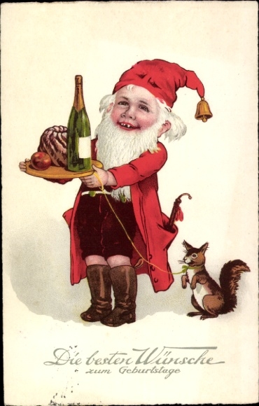 Postcard Happy Birthday, Dwarf, Cake, Squirrel, Champagne Bottle