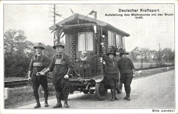 Postcard Rhenish strength athletes with house on wheels, travelers, Wichterich family, Cologne