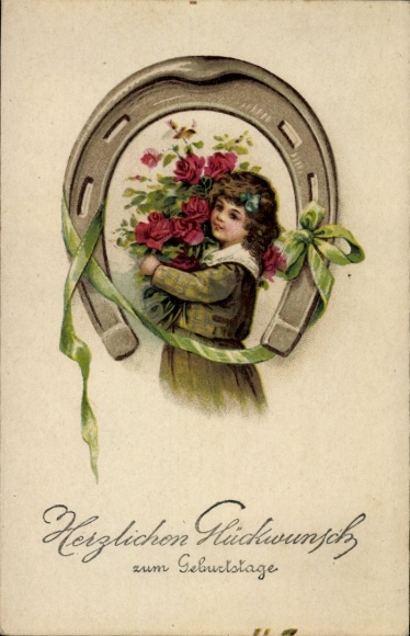 Postcard Happy Birthday, child with roses, horseshoe