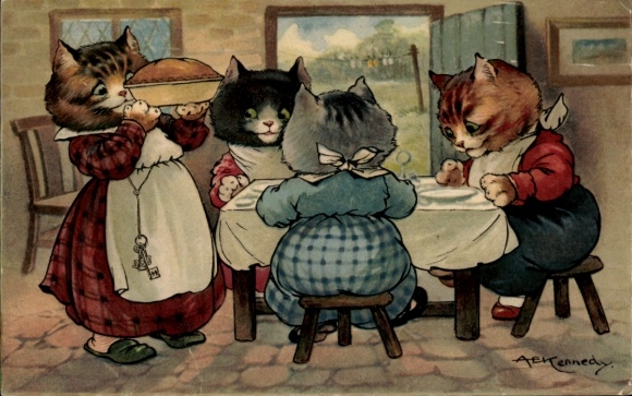 Artist Postcard Kennedy, AE, Humanized Cats at the Table, Food