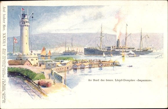 Artist PC Pola Pula Croatia, steamer Imperator, Austrian Lloyd, lighthouse