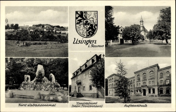 Postcard Usingen in Taunus Hesse, advanced school, Prince Walrad monument, district office, coat of arms