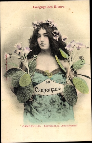 Postcard Language des Fleurs, la Campanule, Woman with flowers, language of flowers