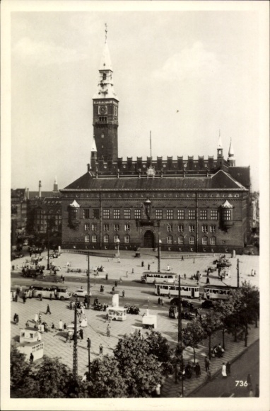 KP København Kopenhaga Dania, ratusz z rynku miejskiego, tramwaje, ludzie, zdjęcie z 1905 r.