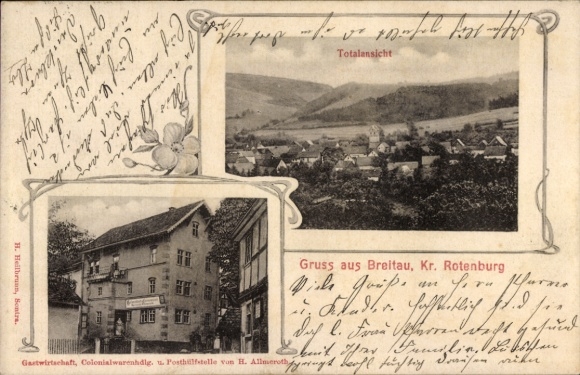 Postcard Breitau Sontra Hessen, Panorama, Restaurant, Commercial Building and Post Office H. Allmeroth