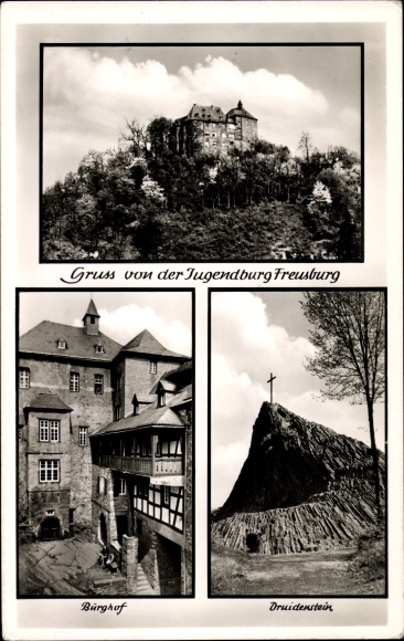Postcard Freusburg Churches on the victory, Jugendburg, Burghof, Druidenstein