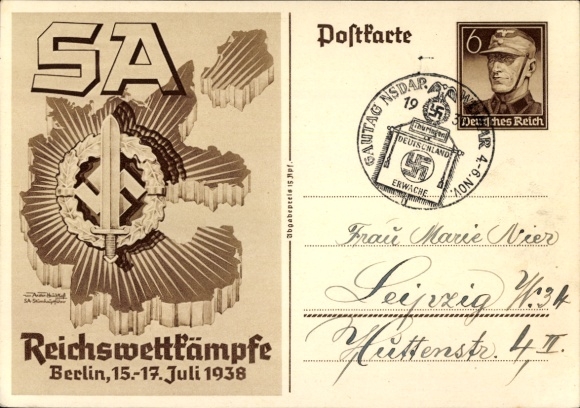 Ganzsachen Künstler Ak Axster Heudtlaß, SA Reichswettkämpfe Berlin 1938