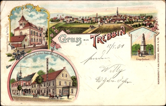 litho Trebbin in de wijk Teltow Fläming, postkantoor, geweerhuis, oorlogsmonument, algemeen beeld