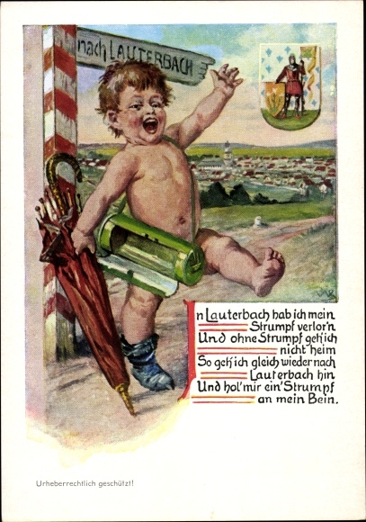 Coat of arms artist Postcard Lauterbach in Hesse, child with lost stocking, signpost