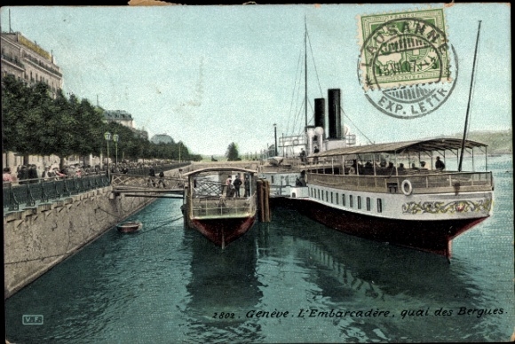 KP Genewa, Szwajcaria, statek w porcie, Quai des Bergues, stempel pocztowy, stary