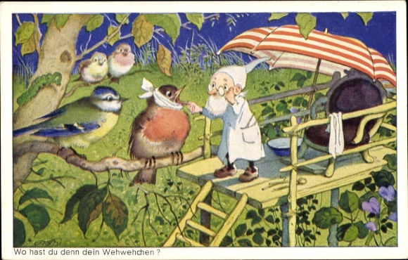 Artist Postcard Baumgarten, Fritz, Where is your ache, dwarf, birds