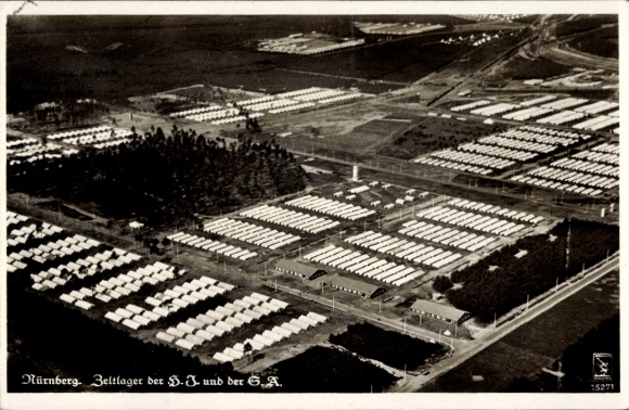 Postcard Nuremberg Reich Party Rally, tent camp of the HJ and the SA, aerial photograph, Klinke & Co. 15271