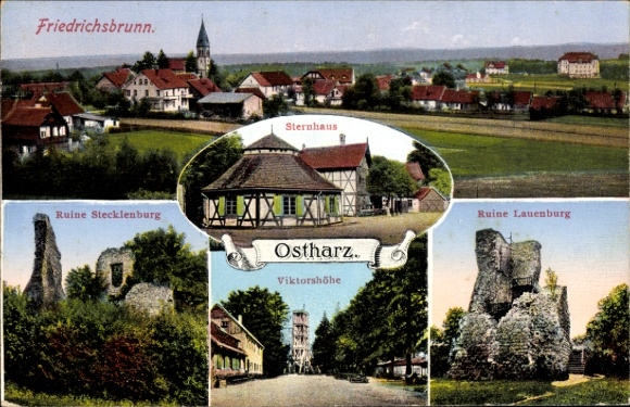 Ak Friedrichsbrunn Thale im Harz, Panorama von  Sternhaus, Ruine Stecklenburg, Ruine Lauenburg, V
