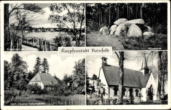 Postcard Reinfeld in Holstein, Promenade am Weinberg, dolmen, Math. Claudius birthplace, church