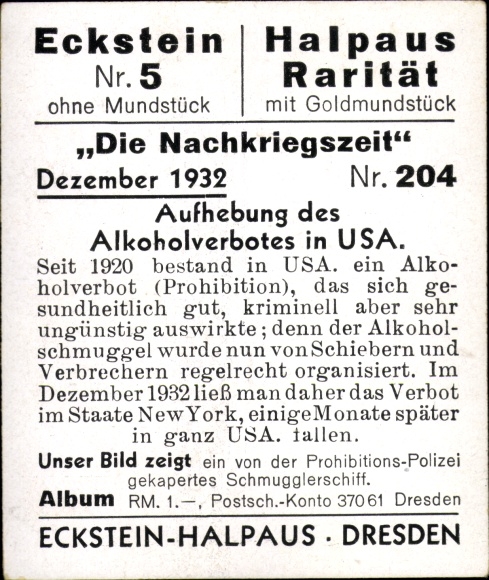 Collector's picture The post-war period No. 204, December 1932, lifting of the alcohol ban in the USA