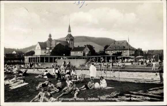 Postcard Bad Hönningen am Rhein, Rhine, largest thermal swimming pool in Germany, bathers