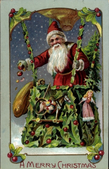 Ak Happy Christmas, Kerstman in een heteluchtballon, hulsttakken, pop