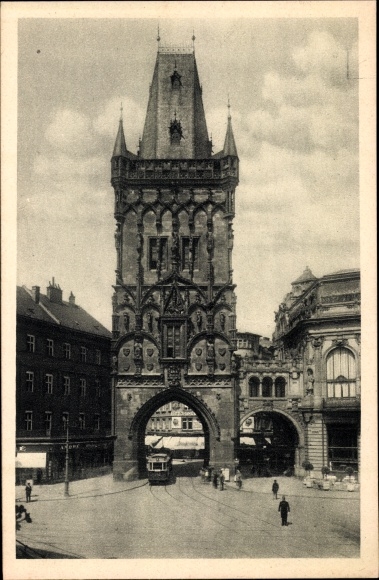 Postcard Praha Prague, tram passes through the old powder tower