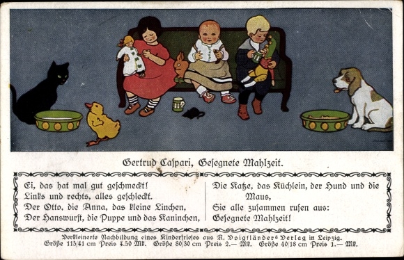 Artist PC Caspari, Gertrud, blessed meal, children, doll, buffoon, cat, dog