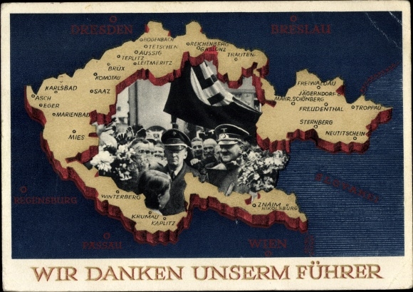 Postal stationery Postcard We thank our leader, Sudetenland, Bohemia, Moravia, Hitler
