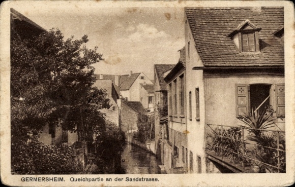 Postcard Germersheim am Rhein, Queichpartie on Sandstraße, houses, waterway, trees