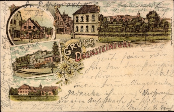 Litho Drensteinfurt in Westfalen, Marktplatz, Bahnhof, Bahnhofstraße