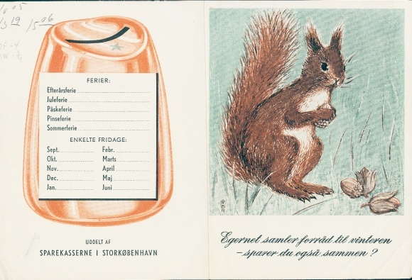 Timetable advertising, Sparekasserne Storkøbenhavn, money box, squirrel
