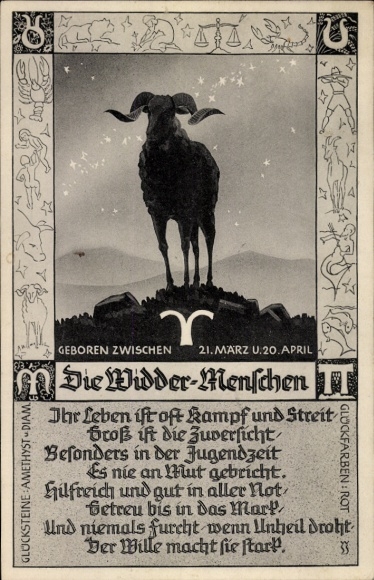 Postcard Zodiac sign Aries, March 21 to April 20