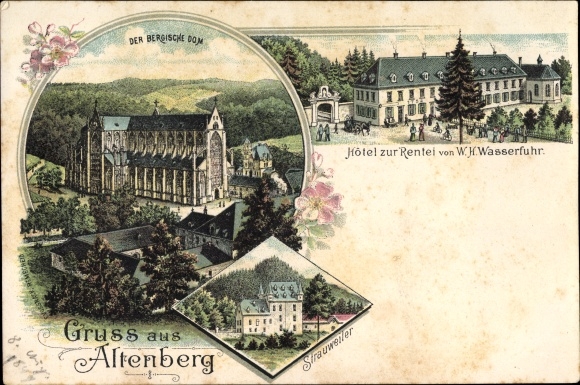 Litho Altenberg Odenthal NRW, Bergischer Dom, Hotel zur Rentei, Inh. W.H. Wasserfuhr