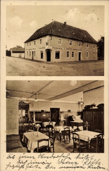 Ak Königswartha in Oberlausitz, slagerij en herberg Goldener Stern, gastenkamer, tafels met...